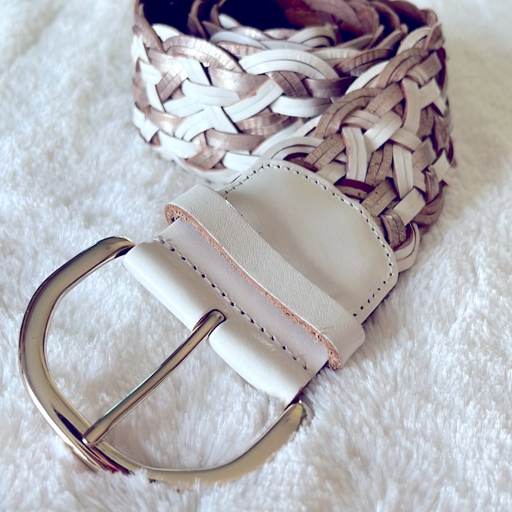 Express Woven Leather Belt (L) White & Rose Gold EUC